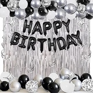 92 PCS Black and Silver Happy Birthday Decorations Balloons Fringe Curtains Vortex for Boys Men Girl