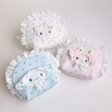 Sanrio My Melody Kitty Lace Floral Cosmetic Pouch Lolita Ruffle Plush Decor Makeup Storage Bag Porta