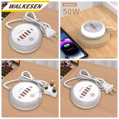 Total 50W USB Charger with Creative Round Touch Night Light For iPhone Samsung Xiaomi Type C Intelli