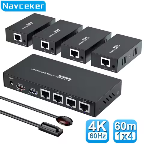 Navceker 4K 60Hz HDMI Extender Splitter 1x4 3D HDMI RJ45 Extender 60m Ethernet Transmission Over CAT