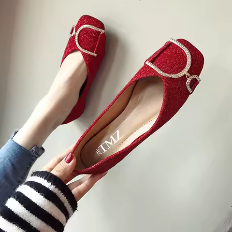 Women Flats Chinese Red Bride Wedding Shoes Square Head Diamond Decoration Big Size 43 44 45 46 Smal