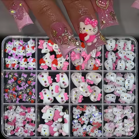 12grid/Box Mixed 3D Kawaii Hello Kitty Nail Art 8/10/12mm Resin Kitty/Kuromi/Melody Nail Charms Y2k 