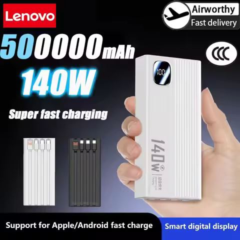Lenovo 500000mAh 140W PowerBank Super Fast Charge Portable Powerbank External Battery Charger LED Di