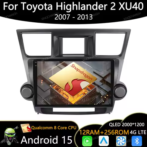 Android 15 Car Radio For Toyota Highlander 2 XU40 2007 - 2013 Head Unit Multimedia Stereo Video Play