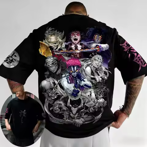 Demon Slayer Men's T-shirt Akaza Douma Kokushibo Summer Anime Tee Spring and Autumn Boys Short-sleev