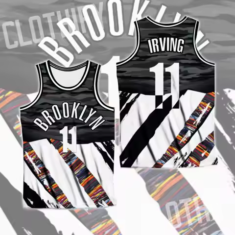 Brooklyn Basketball Jersey - Black & White with Colorful Stripes Irving 11 BROOKLYN Logo Artistic Gr