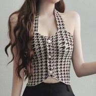 Twill Houndstooth Halter Neck Crop Sleeveless Pleated Top 2color