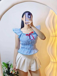 🎀🎀 K Sky Closet shop🎀🎀 เสื้อแฟชั่น เสื้อลายริ้ว แขนตุ๊กตา แต่งโบว์ด้านหน้า สม็อกเอวหน้าหลัง ทรงสวย อ