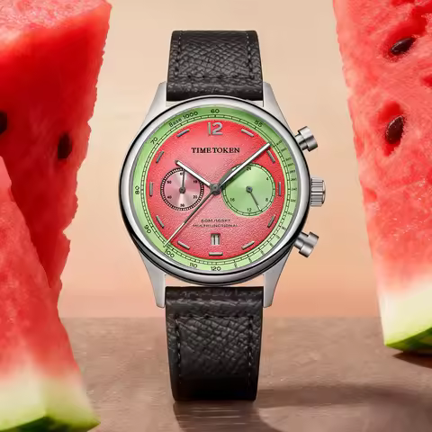 TIME TOKEN 2026 New Men's Watch Watermelon Dial Waterproof Chronograph Domed Sapphire Calendar style