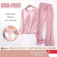 [SG SELLER] Women Padded Striped Pyjamas Set Bra Free Long Sleeve Long Pants Sleepwear Loungewear