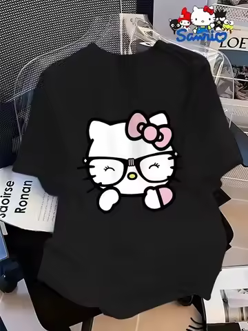 Hello Kitty Glasses Graphic T Shirt Cotton Oversized Y2k Sweet and Nerdy Style Trendy Printed Brand 