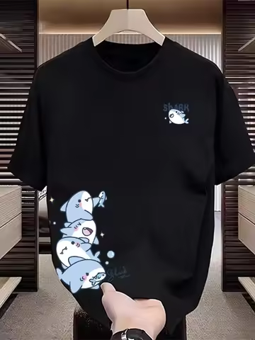 Creative Shark Printed T-shirt Men's 2026 Summer 100% Cotton Loose Breathable Top Outdoor Fashion Me