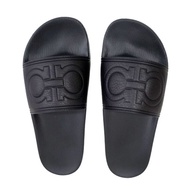 40號全新Ferragamo黑色真皮馬鞍LOGO拼軟膠涼鞋拖鞋 居家生活渡假