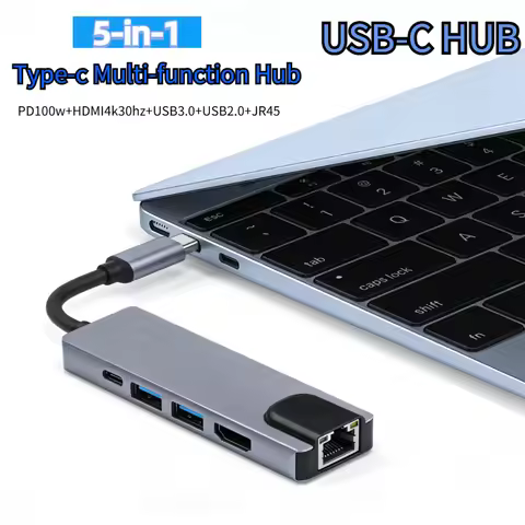 5 in 1 Type C Hub Adapter PD Charging with RJ45 Network 100M Ethernet HDMI Port USB C Docking Statio