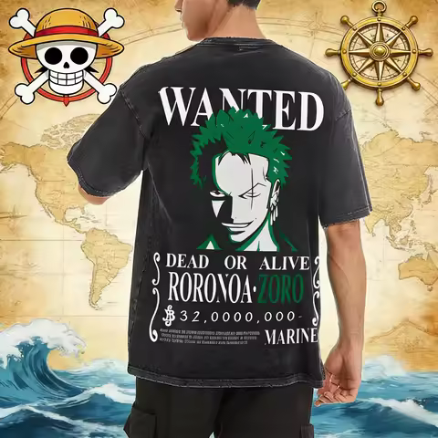 ONE PIECE Zoro Bounty Order Element Retro Washed Short Sleeves 2026 Summer New Old Street Style T-sh