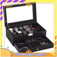 【W】Watch Box, Mens Jewelry Box with 6 Slot Watch Case & 3 Slot Sunglasses Organizer, 2 Layers Lockab