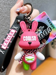 1入粉色兔毛球鑰匙鍊手提包裝飾娃娃禮物鑰匙鏈創意兔子帶酷炫鑰匙扣高端感,適用於汽車、摩托車、鏈包吊飾