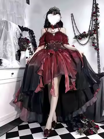 Dark Bride Red Flower Wedding Dress Cos Lolita Dress Op Dress Lolita Heavy Industry Trail Puffy Prin