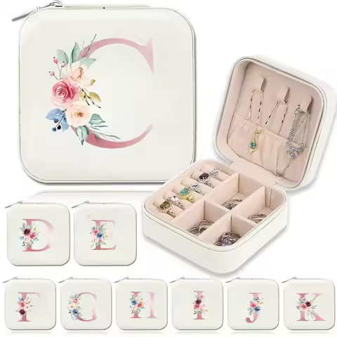 White Floral Pattern PU Jewelry Box Alphabet A-Z Earring & Ring Organizer Holiday Gift 1 Piece