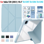 For Nokia T20 10.4" 2021 Fashion Y-Bracket Tablet Protective Case TA-1397 TA-1394 TA-1392 High End Clear Acrylic 2-in-1 PU Leather Smart Flip Stand Cover