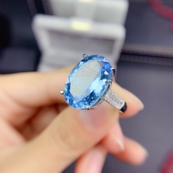 แหวนพลอยบลูโทพาสแท้สีฟ้ารูปไข่เม็ดใหญ่น้ำงามบ่าแหวนฝังพลอยไวท์โทพาสทรงBaguette