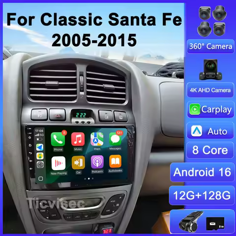 Android 16 Car Radio 4G+WIFI Carplay for Hyundai Classic Santa Fe 1 2000-2004 2005-2015 Multimedia P