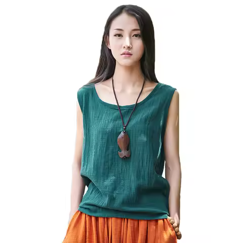 Johnature Women Tanks Sleeveless O-Neck 2025 Summer Shirt New 9 Color Solid Casual Cotton Linen Vint