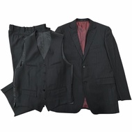 狀況極佳 ▼ BURBERRY BLACK LABEL 100% 羊毛條紋三件套西裝，黑色，L 碼，日本製造，正品，男士。