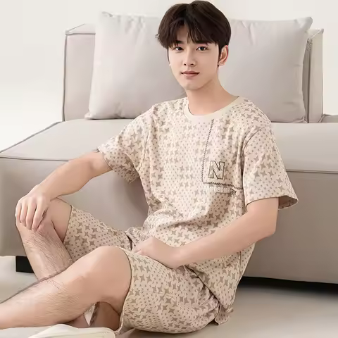 Plus Size L-5XL Cotton Men's Sleepwear for Summer Breathable Homewear Young Boy Pjs Pyjamas Hombre p