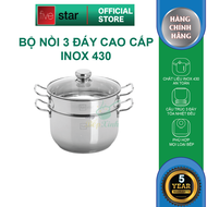 Bộ nồi xửng hấp 3 đáy inox 430 cao cấp FiveStar Standard nắp kính size 24cm /26cm / 28cm / 30cm dùn