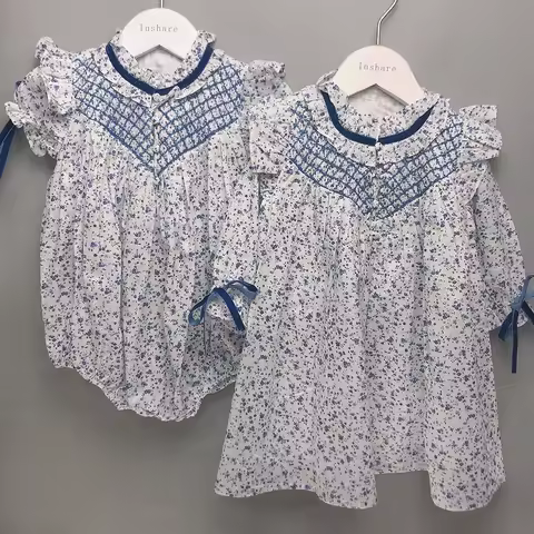 Children Boutique Clothing Summer Girls Half Sleeves Handmade Smoked Blue Floral Cotton Eid Dress Pr