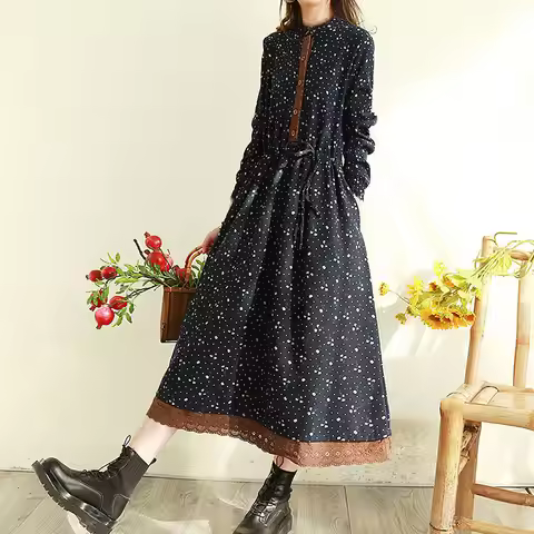 Spring Floral Print Maxi Dr Women's Clothing Vintage Forest System Cut Label Large Swing Dr Long Sve