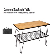 ISE Mount Iron Steel Mesh Camping Rack Table Foldable Portable Stacking Storage Rack Bamboo Wood Top Picnic Outdoor