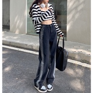 [Lu77 Studio] Black Denim Trousers Slimmer Look Jeans Stretch Girls Floor Pants High Waist Ankle-Le