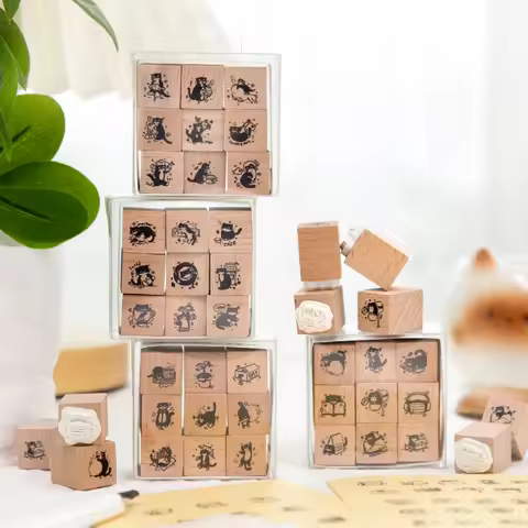 Journal GO 9pcs Cute Cat Daily Wooden Seal Single Cat Diary Photo Album Diy Decorative Material Stam