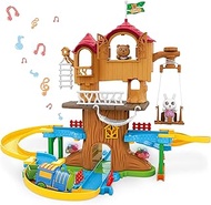 deAO Tree House Playset, Train Set Car Track Toys for Toddlers, DIY Forest Friends Pretend Playhouse with 2 Dolls Toy Figures,Train,Car Tracks,Swing,Sound &amp; Light Function Toy House for 3+ Boys Girl