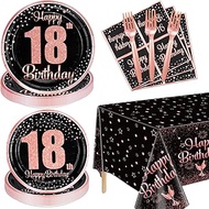 18th Black and Rose Glod Birthday Decorations for Boys Girls - 81 Pcs Plates, Napkins, 18th Tableclo