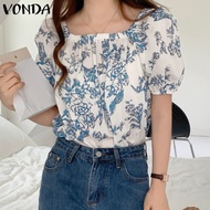 เสื้อเสื้อพิมพ์ลายพองคอสี่เหลี่ยมลำลองแฟชั่นสำหรับผู้หญิง VONDA (ลำลองเกาหลี)