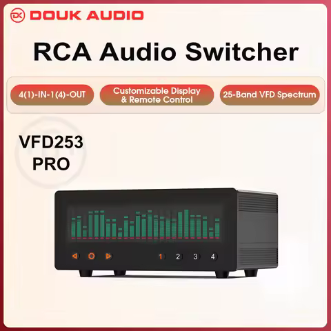 Douk Audio 4 Channel RCA Audio Selector Splitter HiFi Audio Switcher With 25-Band VFD Spectrum Displ