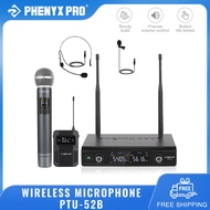 Phenyx Pro PTU-52B Wireless Microphone System Metal Wireless Mic Set with Handheld Microphone/Bodypack/Headset/Lapel Mics 2 x 30 UHF Frequencies for Singing Karaoke Church DJ