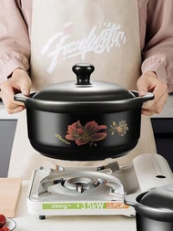 1個加厚手柄陶瓷湯鍋,不粘炊具適用於電磁爐和瓦斯爐, 適宜燉煮, 火鍋, 砂鍋, 湯煲, 焗菜盤, 有花紋圖案