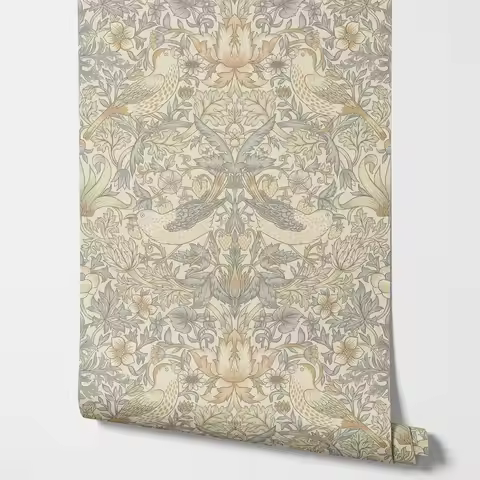 Natural Strawberry Thief Flower Wallpaper in Nature Color,Peel & Stick Wall Paper with cheeky birds 