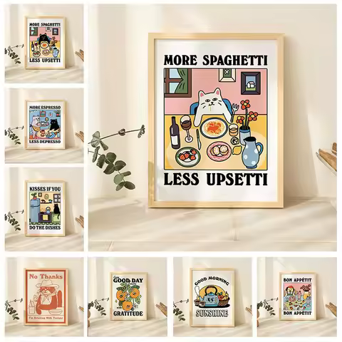 More Spaghetti & Less Regretful Cat Canvas Print Retro More Espresso Cat Kitchen Wall Art Poster for