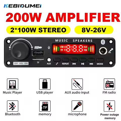 KEBIDUMEI 200W Digital Amplifier MP3 Decoder Board DC 8V 26V Bluetooth 5.0 Adapter FM Support TF USB