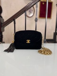 限時現金好價🔥中古Chanel 金球相機包黑絲絨 雕花金鏈