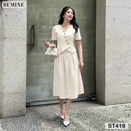 Set áo cổ V phối nút chân váy dáng xòe BEMINE ST418