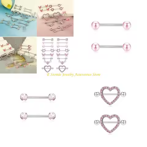 33WE Pack of 14 Unique Nipple Rings with Heart and Bowknot Design in Pink Silver Tone