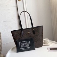 Coach全新✅帶盒hkluxehk 🎁 City Tote in Signature Canvas with Black Leather Trim & Pouch