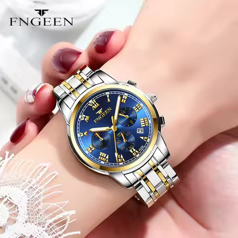 FNGEEN Luxury Quartz Watch Women Elegant Stainless Steel Watch Luminous Waterproof Date Wristwatch L