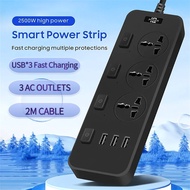 Universal Power Outlet Extension Strip with 2m Extension USB Port Power Plate Surge Protector Adapte